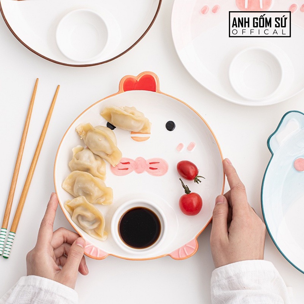 Đĩa sứ hoạt hình có ngăn chấm tiện lợi, dĩa sứ decor họa tiết cute