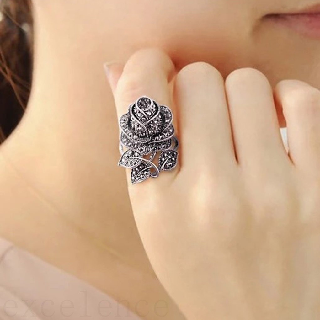 Nhẫn đeo kiểu hình hoa hồng đính đá thời trang dành cho nữ