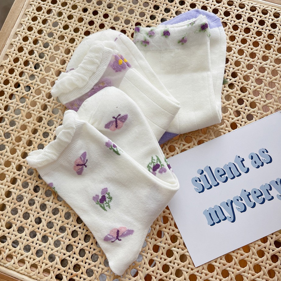 Tất vớ bèo nữ thêu hoa cao cổ nhiều màu phong cách vintage hàn quốc