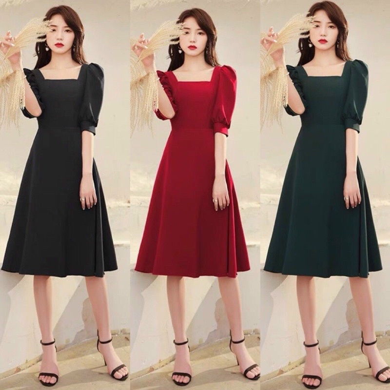Đầm xoè lụa ý cổ vuông tay phồng trơn đơn giản TRIPBLE T DRESS - size M/L/XL