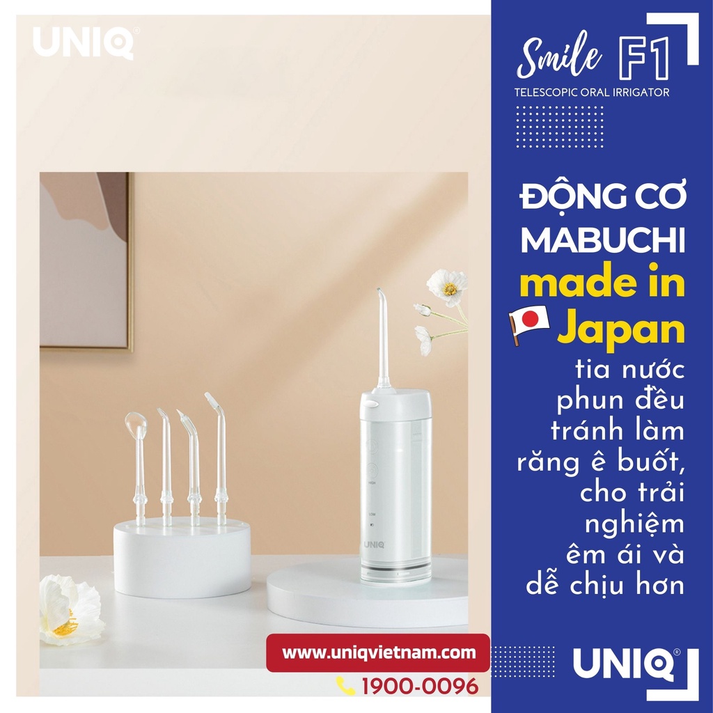 Tăm nước cầm tay UNIQ x CRENOT Smile F1 mini động cơ Nhật Bản cao cấp máy vệ sinh răng miệng xịt rửa làm sạch kẽ niềng