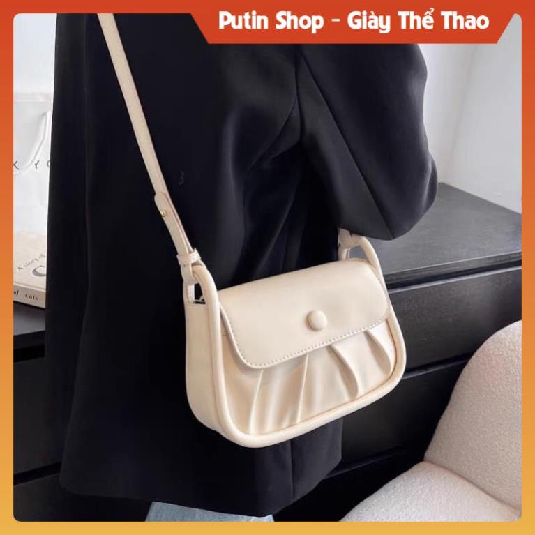 Túi xách nữ thời trang đeo chéo màu đen trắng kem siêu xinh, Túi Sách đeo vai da nhúm khoá cúc dây lơ luồn xích đẹp