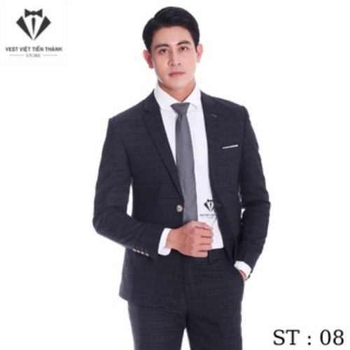 Bộ vest đen kẻ caro vải cashmere cao cấp vest việt tiến thành