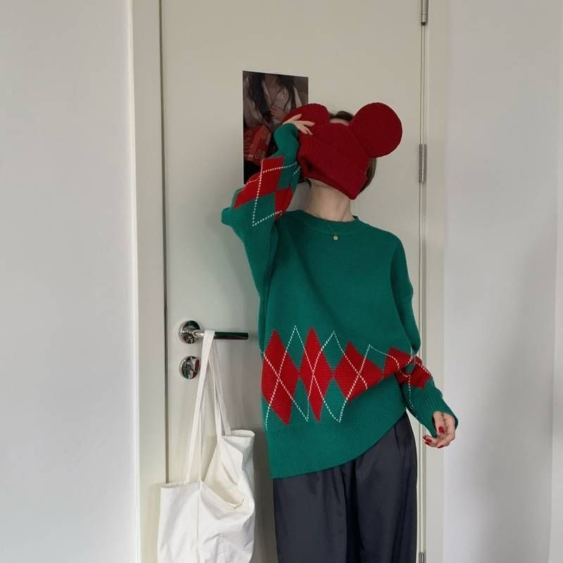 Áo sweater dáng rộng dày màu sắc tương phản thời trang thu đông mới trẻ trung dành cho nữ