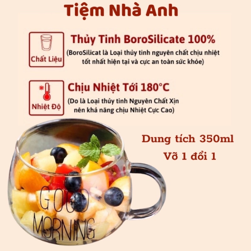 Ly thủy tinh dễ thương uống nước cute GOOD MORNING 350 ml Cốc thủy tinh chịu nhiệt có quai decor