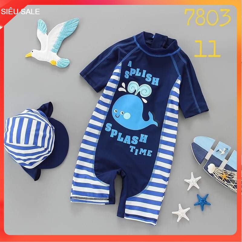 Bộ đồ bơi bé trai 2-7 tuổi liền thân kèm mũ hình cá Heo, Đồ bơi cho bé cao cấp vải co giãn cực tốt