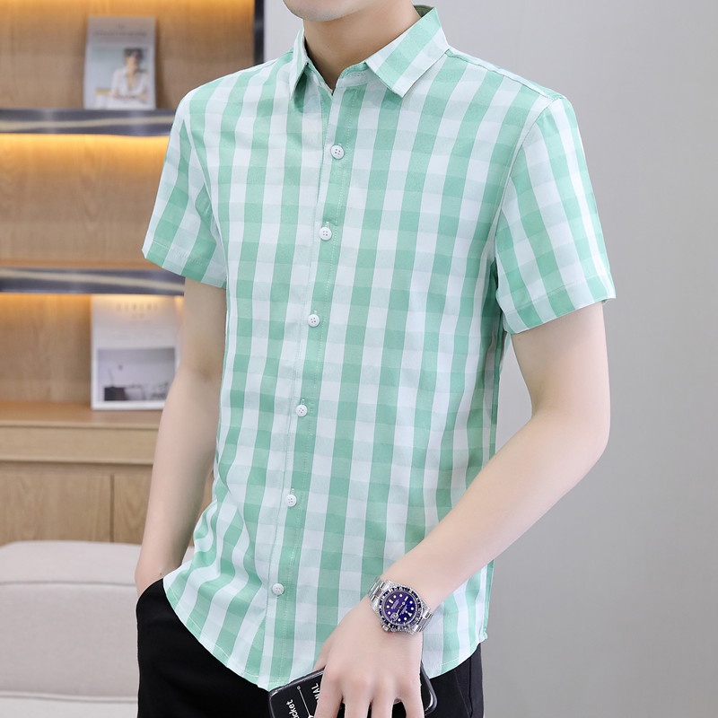 Áo Sơ Mi Cotton Tay Ngắn Họa Tiết Kẻ Sọc Thời Trang Mùa Hè Hàn Quốc 2022 Mới Cho Nam