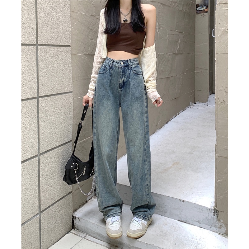 Quần Jeans ống rộng lưng cao form Hàn màu xanh nhạt cực đẹp. Quần bò nữ ống suông phong cách đường phố