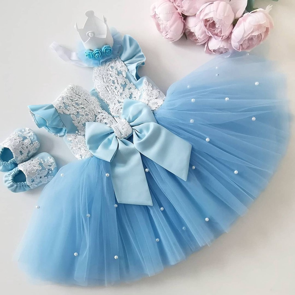Đầm dự tiệc hở lưng phối lưới đính hoa xinh xắn hợp thời trang dành cho bé gái 1-5 tuổi