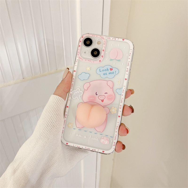 Ốp điện thoại TPU mềm Chú lợn hồng gắn đào dễ thương 6 6s Plus 7 Plus 8 Plus13/13pro/13promax/12/12pro/12promax/11promax