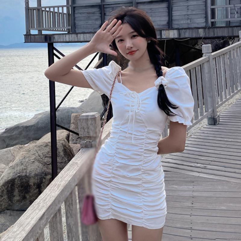 Đầm Tay Ngắn Phồng Cổ Vuông Màu Sắc Ngọt Ngào Phong Cách Hàn Quốc