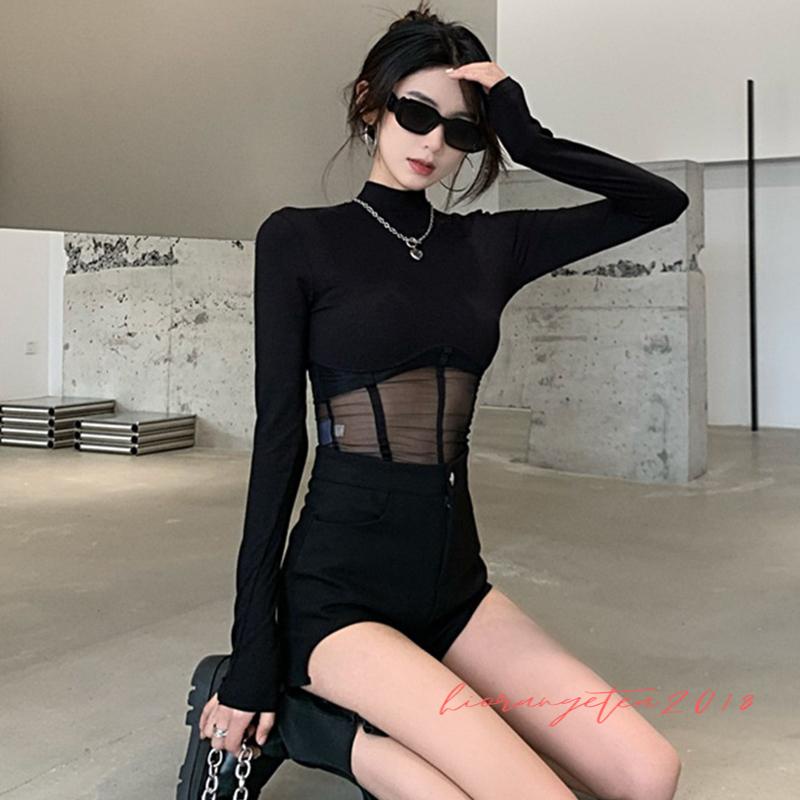 Áo Thun Nữ Tay Dài Cổ Cao Phối Lưới Thời Trang