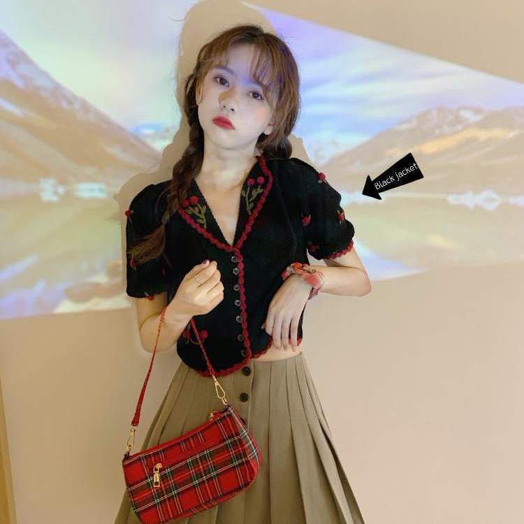 Áo khoác cardigan dệt kim mỏng tay ngắn thêu họa tiết phong cách retro Pháp thời trang xinh xắn cho nữ