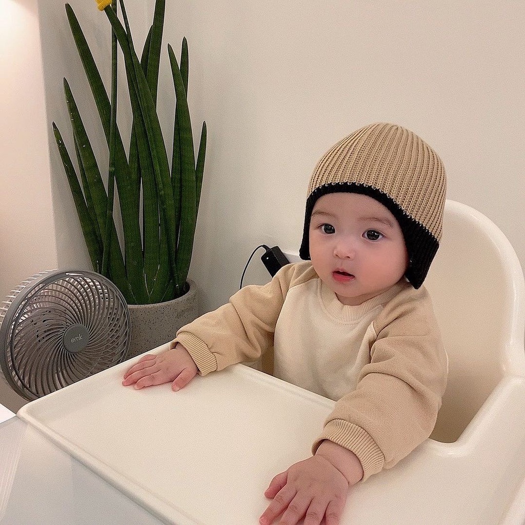 Ins Mũ Len Dệt Kim Bảo Vệ Tai Màu Tương Phản Phong Cách Phương Tây Hàn Quốc Mùa Thu Đông Cho Trẻ Sơ Sinh