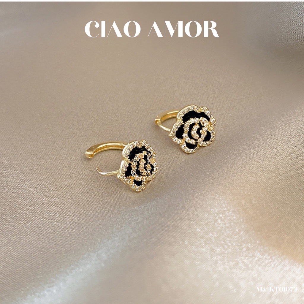 KT01074-Khuyên tai nữ, Bông tai nữ nụ hoa đính ngọc đá đen ở giữa Trang sức Ciao Amor