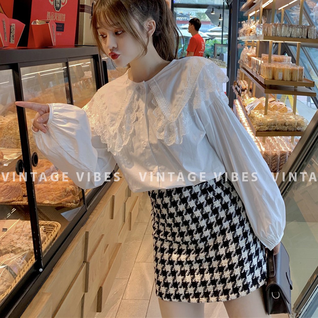 Áo babydoll cổ bèo tiểu thư phối ren Ulzzang  - Ảnh thật cận chất 1000%