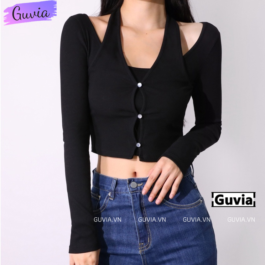 Áo Croptop Nữ TAY DÀI CHOÀNG cỔ YếM có cúc CỔ Ôm Body, Áo Thun Croptop Kiểu Thun Gân GUVIA CR72