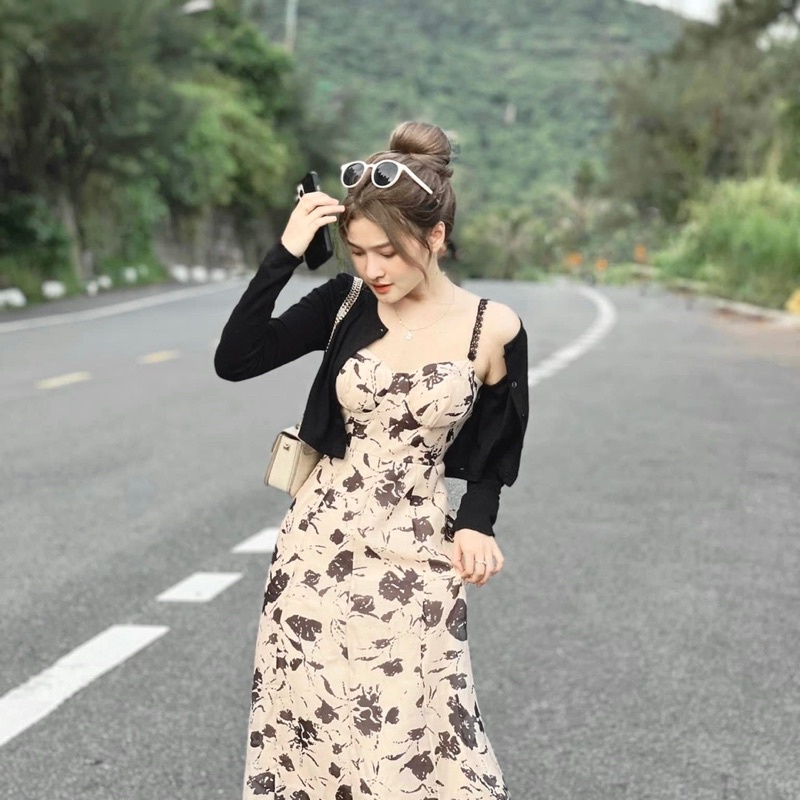 Sét váy thiết kế hai dây be hoa đen mix áo len tăm tiểu thư sang chảnh loại 1