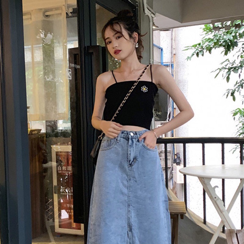 [SẴN] ÁO CROPTOP LEN GÂN HAI DÂY DỆT KIM THÊU HOA CÚC /CHZZ