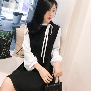 Váy đen phối tay sơ mi cổ nơ