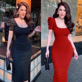 Đầm body trơn tay phồng
