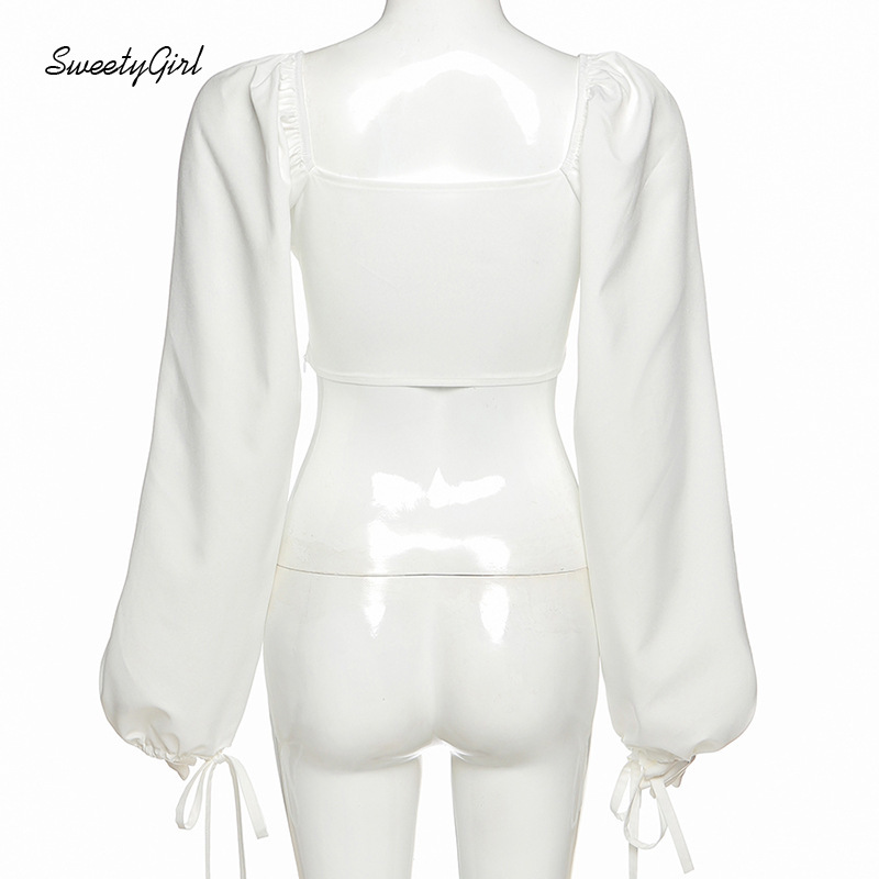 Áo Kiểu Tay Dài Phồng Cổ Vuông Màu Trơn Phối Khóa Kéo Hai Bên Thời Trang Cho Nữ