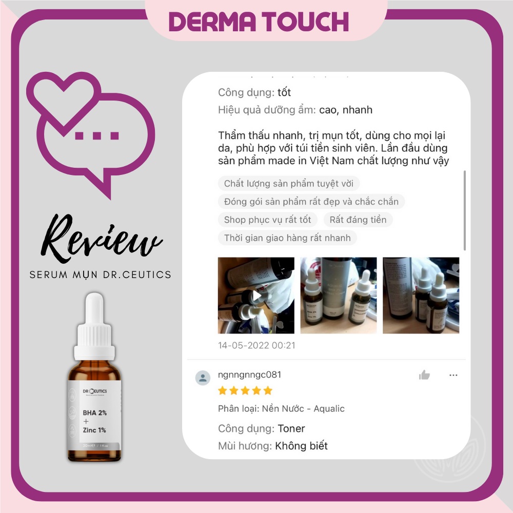 Serum BHA 2% + ZinC 1% DrCeutics Giảm Mụn Và Giảm Sưng Mụn 30mL - 100mL - Dược mỹ phẩm chính hãng Derma Touch