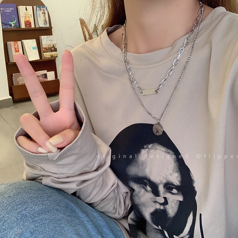 Vòng cổ Hai Lớp Mặt Thẻ Tròn Đơn Giản Phong Cách Hàn Quốc