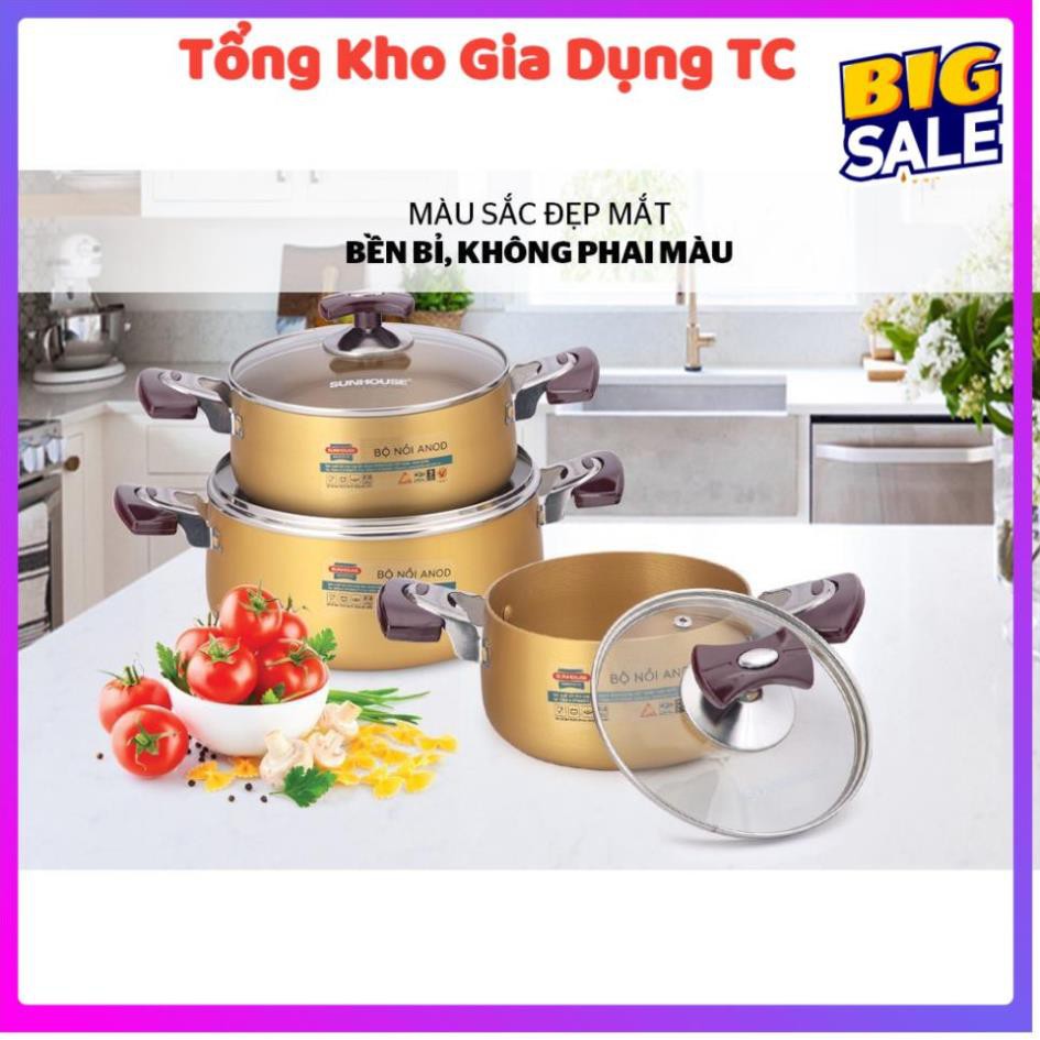 [ Size 16-20-24cm màu vàng] Bộ nồi Anod Sunhouse SH6634 chất liệu nhôm dùng bếp gas bếp hồng ngoại