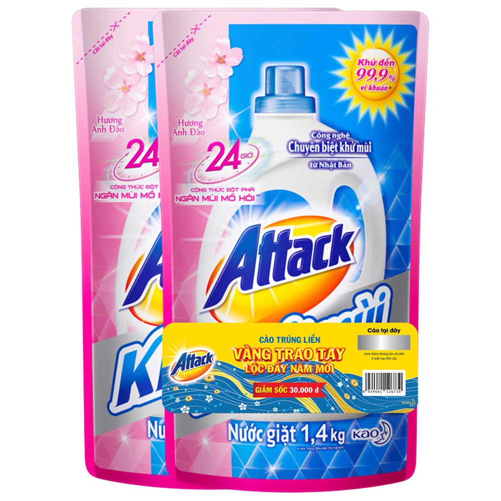 Nước giặt Attack Khử Mùi Extra Hương Anh Đào Túi 1.4kg, màu xanh dương sọc hồng