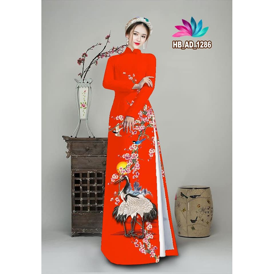 Áo dài nữ màu đỏ hình in 4d