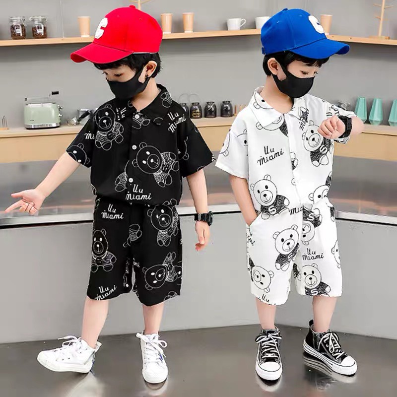 Bộ cộc tay bé trai kiểu dáng Hàn Quốc  in hình con Gấu Cho Bé từ 7-28kg - Moobaby Shop