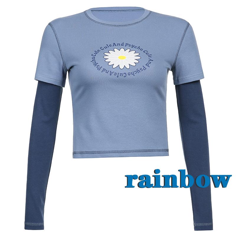 RAINBOW-Women Casual Long Sleeve T-shirt, Blue Round Collar Letters and Floral Printed Pattern Tops