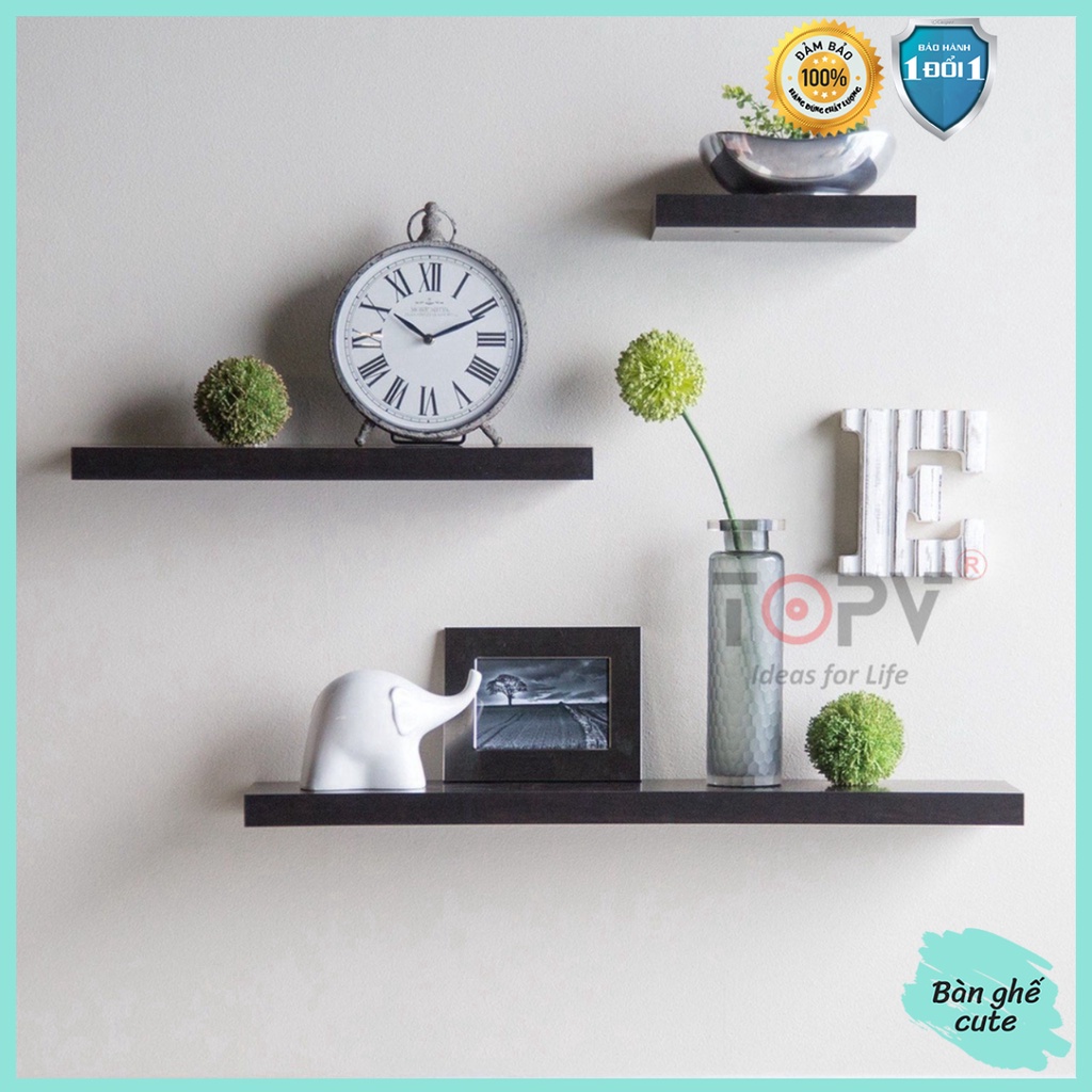 Kệ gỗ treo tường decor TopV giá trang trí thanh gỗ ngang gắn tường mini phòng khách ngủ để cây cảnh đen Bàn ghế cute