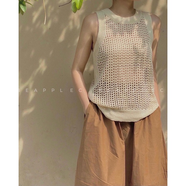 Áo đan móc lưới màu begie siêu xinh  chất liệu mềm nhẹ dễ mix match korea