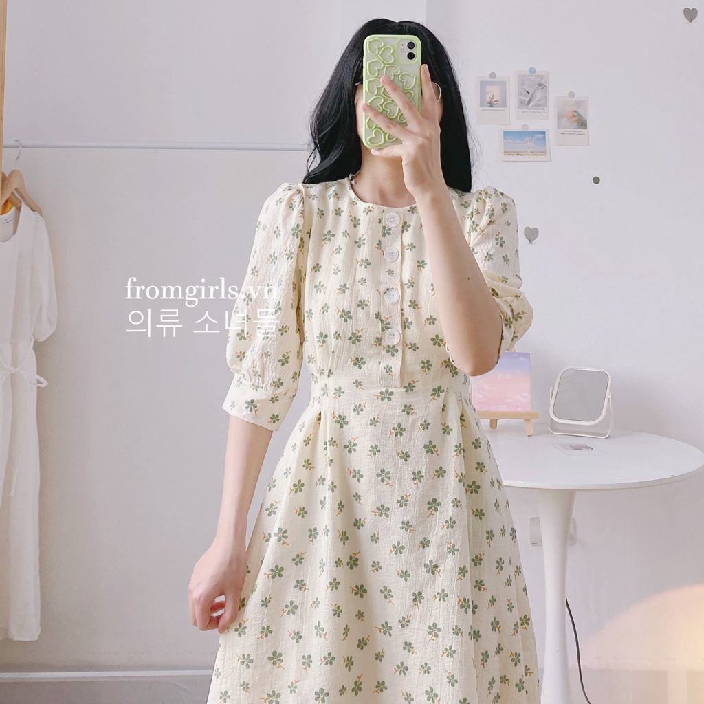 Váy hoa nhí vintage, đầm hoa nhí dáng dài tay phồng có dây buộc eo - V55