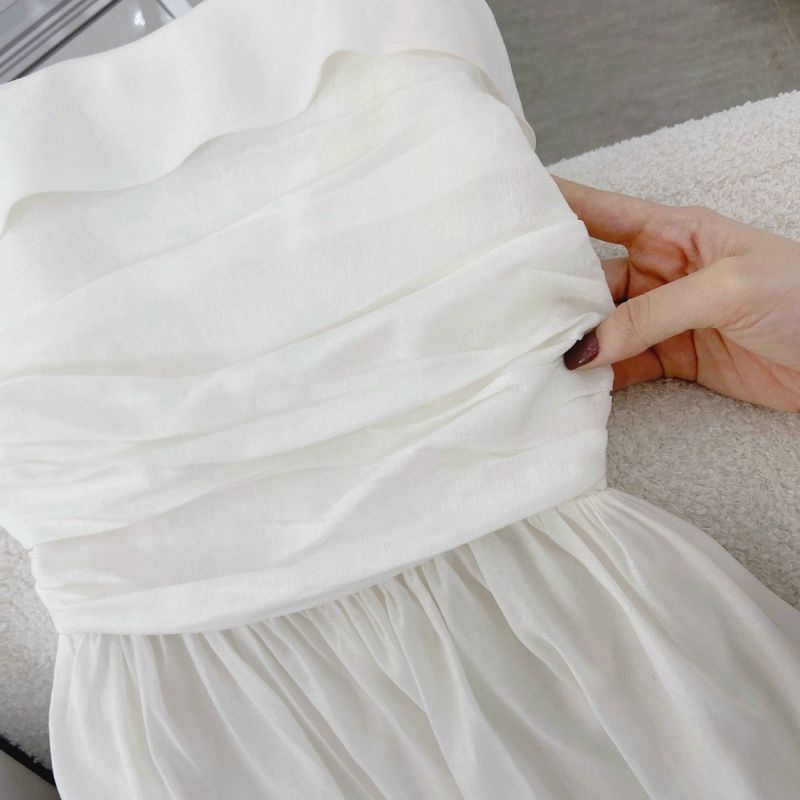 ĐẦM MIDI 2 DÂY TRẮNG XẾP LY NGỰC | BigBuy360 - bigbuy360.vn