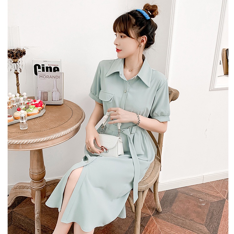 Đầm suông dáng dài cổ sơ mi dây eo, váy bầu công sở siêu đẹp