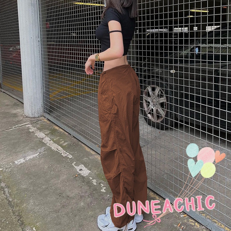 DUNEA Quần ống rộng lưng thấp màu trơn phối dây rút cá tính cho nữ