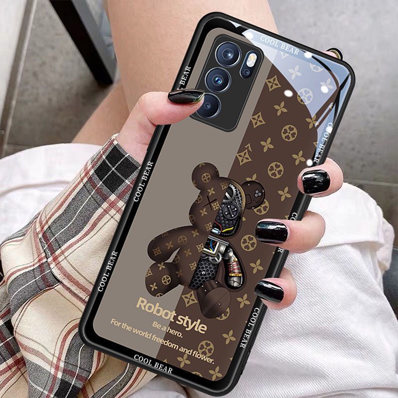Thích hợp cho Ốp lưng điện thoại di động OPPOReno6, Ốp lưng thủy tinh Oppo Reno 5 pro / Reno4, Ốp lưng điện thoại di động hình gấu thời trang OPPO A92S / A93 / A72 / a32