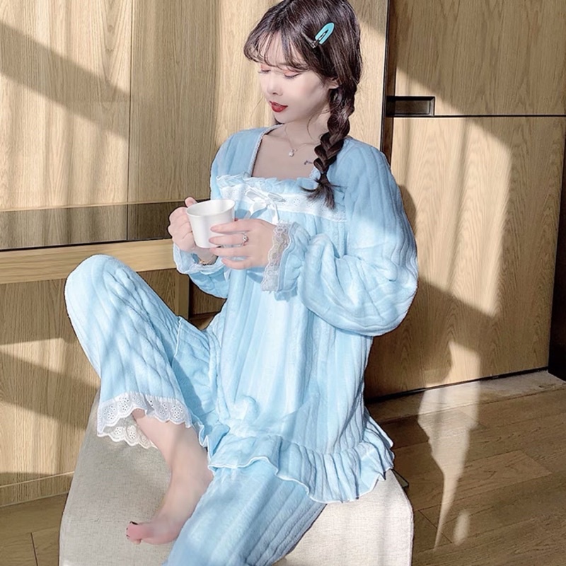 Bộ Đồ Ngủ Bông, Đồ Mặc Nhà Mùa Đông Giữ Ấm Thiết Kế Phối Nơ Tiểu Thư Xinh Xắn Nữ Tính