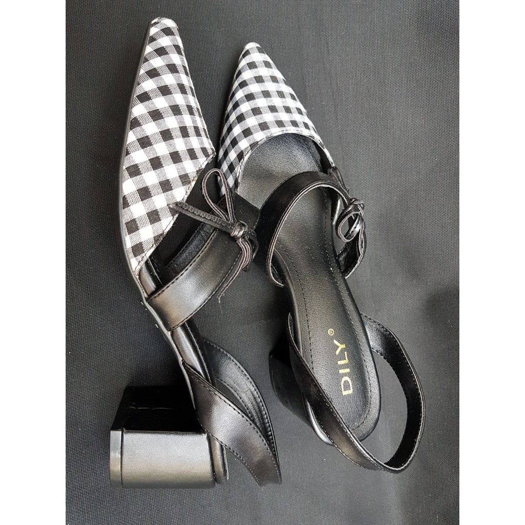 (Ảnh thật) Giày cao gót nữ đẹp bít mũi sọc caro phối nơ  nữ tính 5 phân gót vuông Dily chính hãng