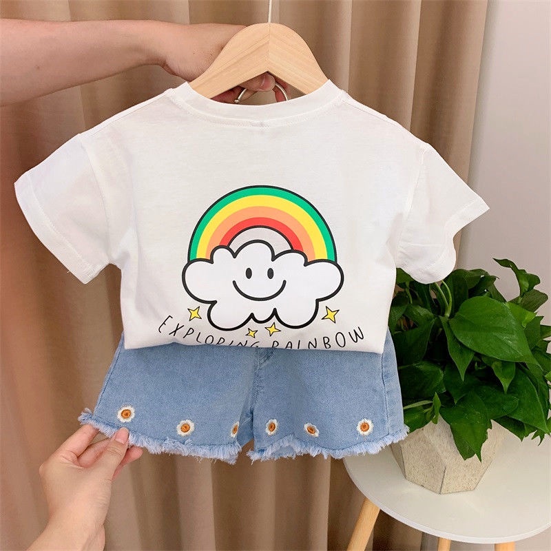 Set Áo Thun Ngắn Tay Và Quần Short Denim In Hoa Mới Cho Bé Gái