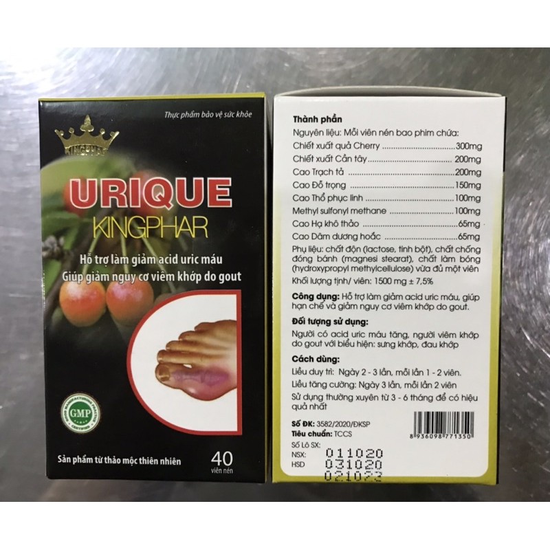 Viên Gout URIQUE Kingphar - Hỗ TRợ Làm Giảm Acid Uric Máu ,Giúp Giảm Nguy Cơ Viêm Khớp Do Gout ( Hộp 40 viên )