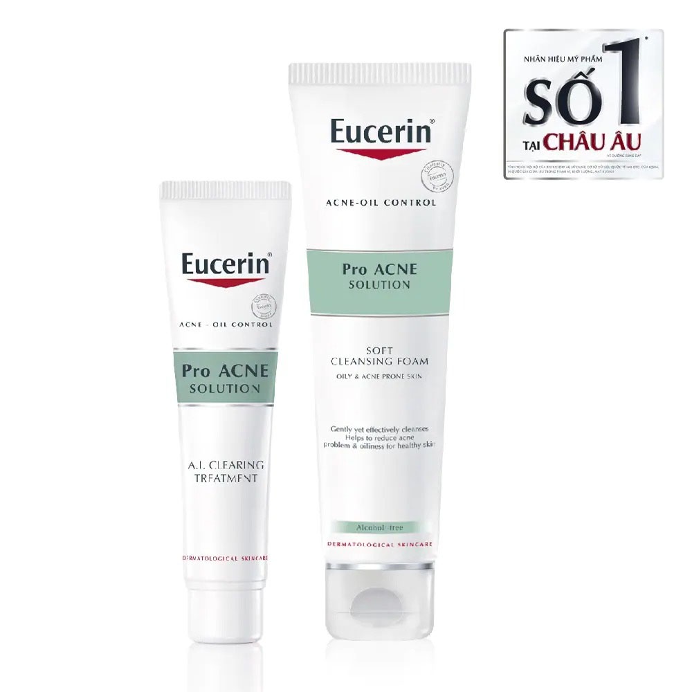 Combo Eucerin Da Mụn (Gel Giảm Mụn A.I Clearing Treatment 40ml + Sữa Rửa Mặt Tạo Bọt Pro Acne 150g)