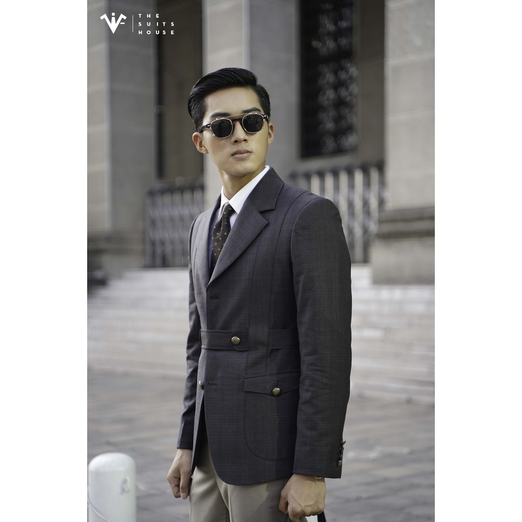 Bộ vest nam xám đen kẻ caro, 3 khuy túi nắp, vạt bầu, ve chữ V, chất wool The Suits House