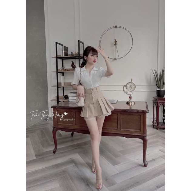 Set áo polo chân váy phối chân ren Sz S,M màu đen be