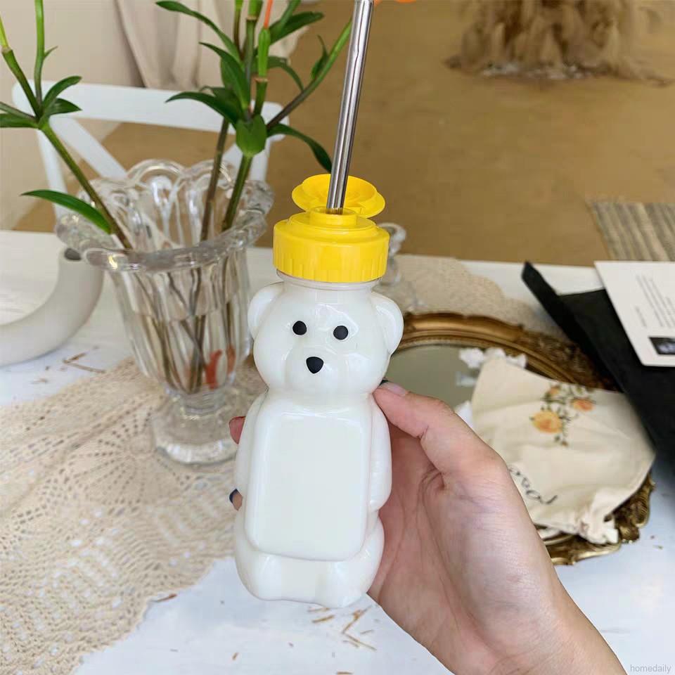 Bình nước nhựa trong suốt kiểu gấu Kawaii đáng yêu có ống hút tiện lợi