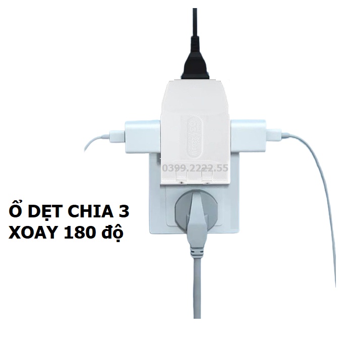 Phích Chia Ổ Cắm Điện, Đầu Nối Chia 3, Ổ Cắm Dẹt Tiết Kiệm Diện Tích, Ổ Cắm Điện Chia 3 Xoay 180 Độ. Kingler 8603