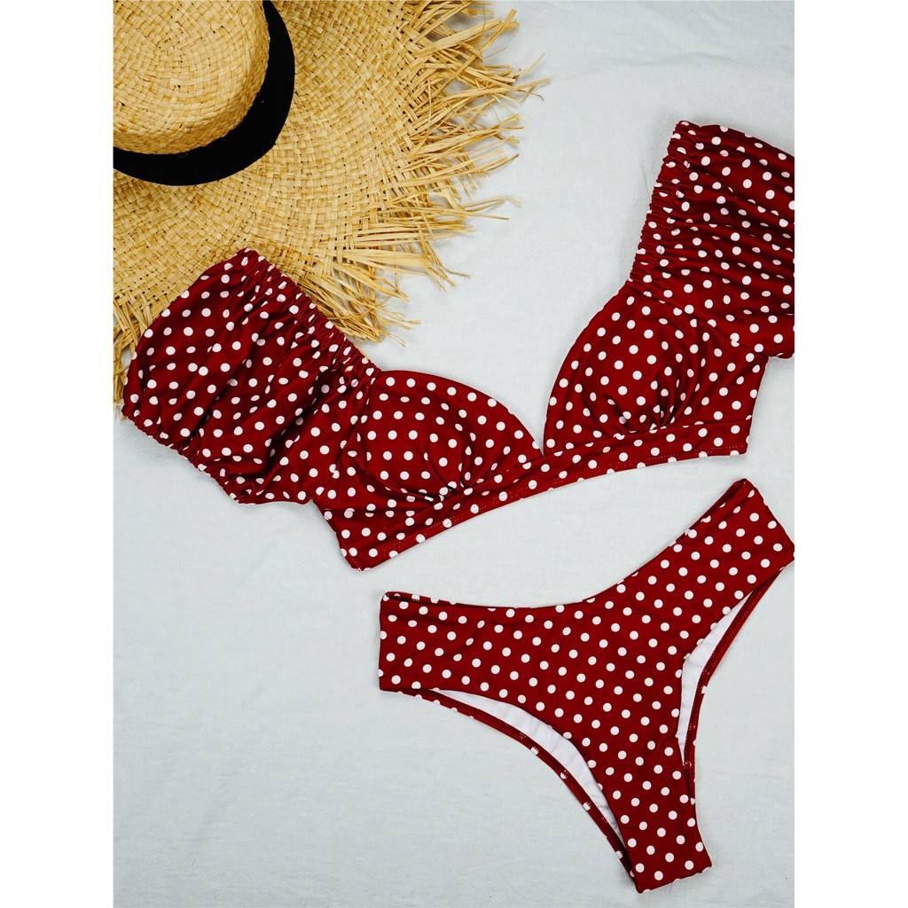 Trang phục bikini cổ V họa tiết chấm bi trắng/cam gợi cảm H156 | BigBuy360 - bigbuy360.vn